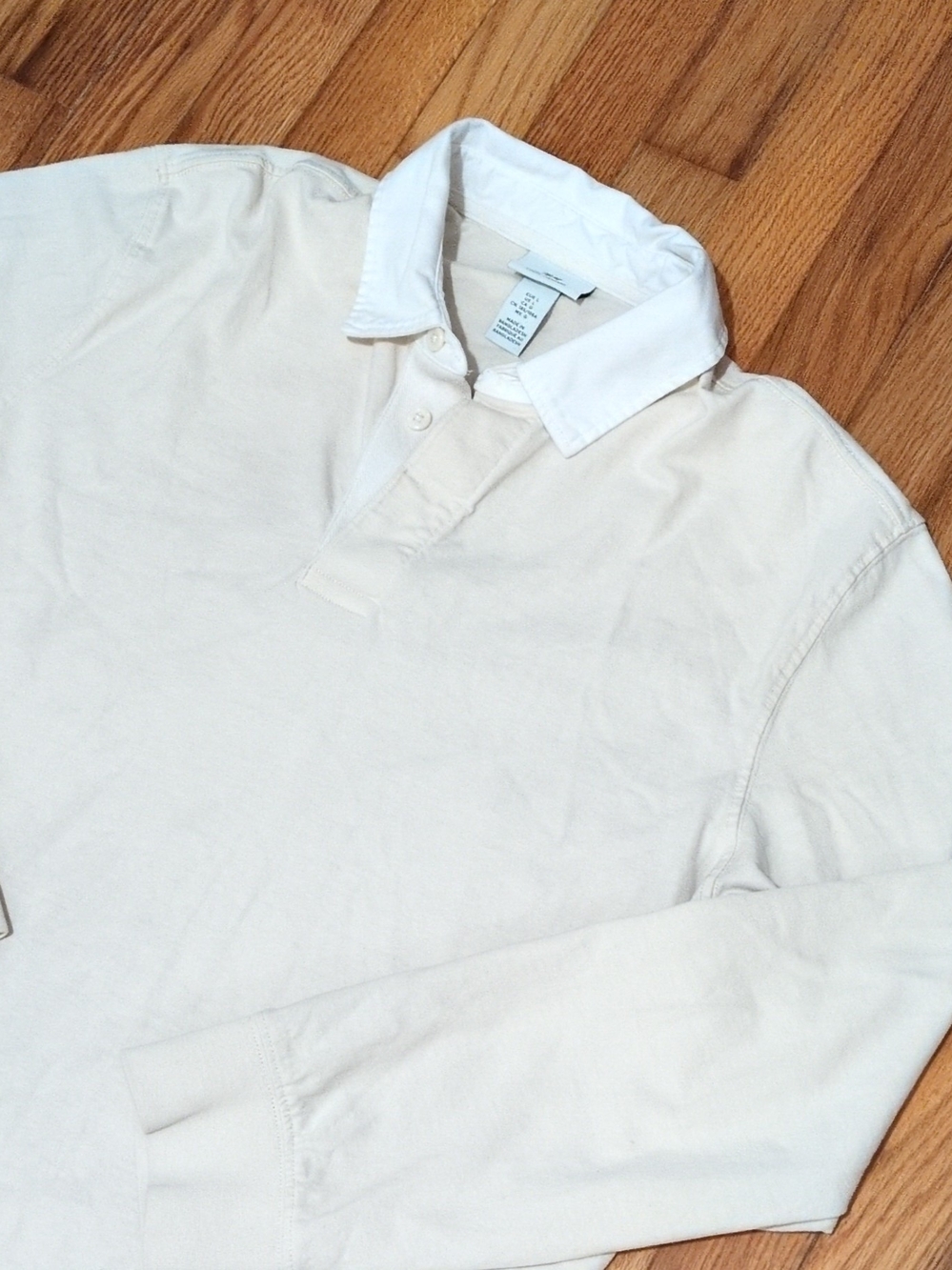H&M Men's Rugby Shirt L Long Sleeve Beige 100% Cotton READ DESCRIPTION